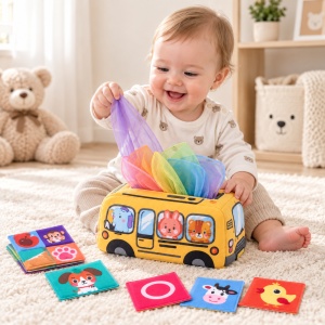 Jucarie senzoriala pentru bebelusi, cutie tip autobuz cu servetele textile colorate, 0+ luni - Img 2
