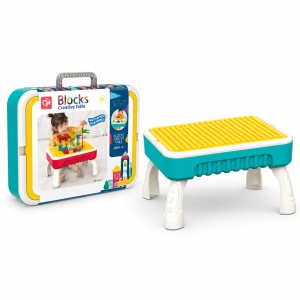 Masa de activitati 3 in 1, set de constructie cu 58 piese, circuit cu bile si tabla de desen, pliabila tip valiza, Turcoaz - Img 4