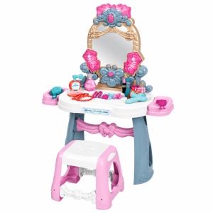 Masuta de toaleta pentru copii, cu oglinda, scaunel si 33 de accesorii, Roz/Albastru