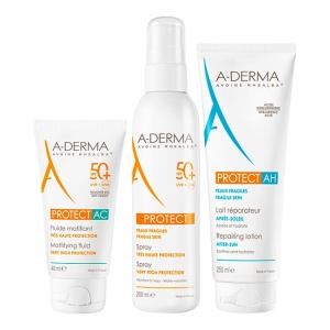 Pachet A-Derma Protect – Fluid matifiant protectie solara SPF 50+, 40 ml + Spray protectie solara SPF 50+, 200 ml + Lotiune reparatoare after sun Protect AH, 250 ml