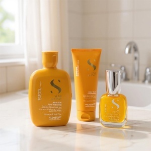 Pachet Alfaparf Semi di Lino Sunshine - Sampon, 250 ml + Tratament after sun, 200 ml + Ulei pentru stralucire Sublime Cristalli Liquidi 15 ml