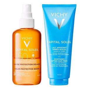 Pachet Vichy Capital Soleil – Fluid protectie solara UV-Age Daily SPF 50+, 40 ml + Apa solara protectoare SPF 50 cu beta-caroten, 200 ml + Lapte after sun calmant, 300 ml