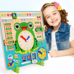 Panou Educativ Montessori din Lemn - Ceas, Calendar si Indicator Meteorologic pentru Cogniție si Invatare Timpurie