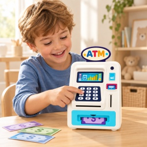 Pusculita electronica pentru copii, tip bancomat ATM, cu parola, lumini si sunete, Albastru - Img 3