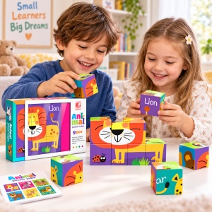 Puzzle educativ 6 in 1 cu animale, 9 cuburi, 3+ ani - Img 3