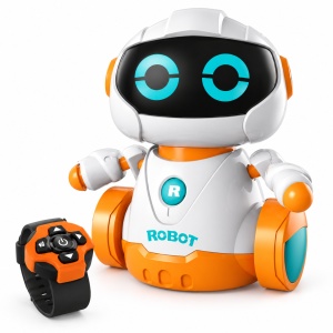 Robot interactiv pentru copii, cu telecomanda tip ceas, lumini si sunete, Alb/Portocaliu