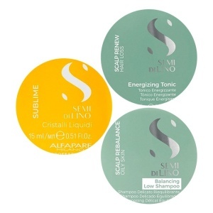 Set Alfaparf Semi di Lino  Sampon Balancing, 250 ml + Tonic Energizant, 125 ml, Ulei Cristalli Liquidi 15 ml