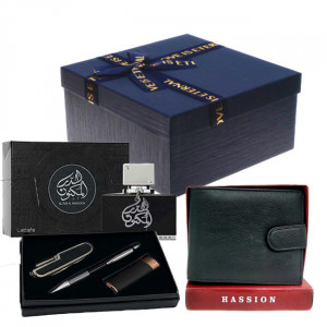 Set cadou barbati, Cutie eleganta cu parfum Lattafa Al Dur Al Maknoon Silver 100ml, portofel din piele naturala, set bricheta, pix si briceag