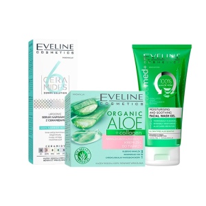 Set cadou Eveline Aloe Glow, Crema-gel hidratanta si calmanta, 50 ml + Ser reparator lipidic cu ceramide, 30 ml + Gel de curatare fata, Facemed+ cu Aloe Vera, Moisturising and Soothing 3in1, 150 ml