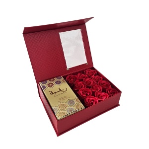 Set cadou GlamPack, Apa de Parfum, Lattafa Raghba, Femei, 50 ml si Cutie cu trandafiri