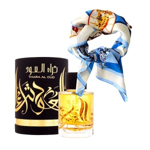 Set cadou Cressida cu Apa de Parfum Ard al Zaafaran Thara al Oud, Unisex 100ml si esarfa