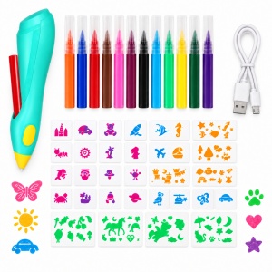 Set creativ cu aerograf electric pentru copii, 12 markere si 30 sabloane, reincarcabil USB, 6+ ani - Img 3