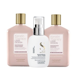 Set cu keratina Alfaparf Lisse Design Keratin Therapy Maintenance Sampon 250ml + Balsam 200 ml + Fluid pentru stralucire All-in-1 Diamond Illuminating, 125 ml