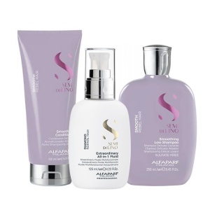 Set pentru netezire Alfaparf Milano Semi Di Lino Sampon, 250 ml + Balsam 200 ml + Fluid pentru stralucire All-in-1 Diamond Illuminating, 125 ml