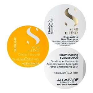 Set pentru stralucire Alfaparf Semi Di Lino Diamond Iluminating cu Sampon, 250 ml + Balsam, 200 ml + Ulei Cristalli Liquidi, 15 ml