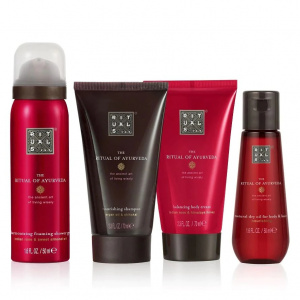 Set Rituals The Ritual of Ayurveda, Sampon 70 ml, Gel de dus 50 ml, Crema pentru corp 70 ml, Ulei uscat pentru par si corp 50 ml
