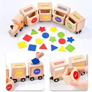 Tren Educativ Montessori din Lemn cu magnet - Identificare a Formelor Geometrice si Clasificare a Culorilor