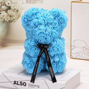 Ursulet floral din Trandafiri de spuma 25 cm, cu funda, in cutie cadou, bleu