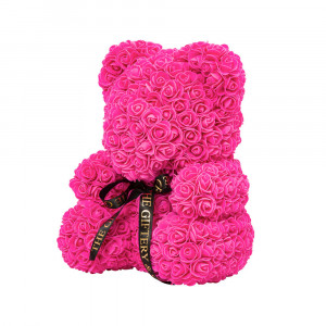 Ursulet floral din trandafiri 40 cm, fucsia, in cutie cadou