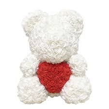Ursulet Rose Bear din Trandafiri de spuma cu inima, in cutie cu funda, 40 cm, alb