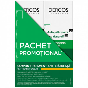 Pachet Sampon anti-matreata pentru par uscat Dercos, 200 ml + 200 ml, Vichy