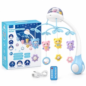 Carusel muzical pentru patut cu proiector, lumina de veghe, telecomanda si acumulator USB, albastru, 0 luni+ - Img 3