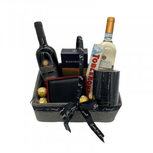 Cos cadou pentru barbati, Parfum Lattafa Qaaed 100 ml, 2 x vin Bottega 750 ml, portofel din piele, cafea Davidoff, ciocolata Toblerone si praline Ferrero Rocher - Img 3