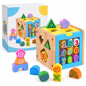 Cub educativ Montessori din lemn, sortator de forme, cifre si activitati ferma, 23,5 x 14 x 16 cm, Multicolor - Img 3