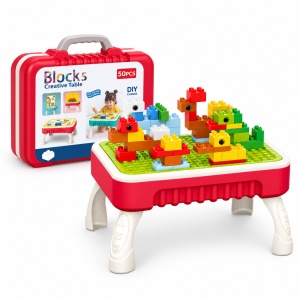 Masa de activitati 3 in 1, set de constructie cu 50 piese, tabla de desen si valiza de depozitare, Rosu - Img 3