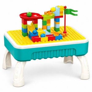 Masa de activitati 3 in 1, set de constructie cu 58 piese, circuit cu bile si tabla de desen, pliabila tip valiza, Turcoaz