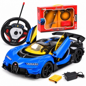 Masina RC cu telecomanda tip volan, scara 1:16, usi cu deschidere, lumini, acumulator si incarcator incluse, albastra, 3 ani+