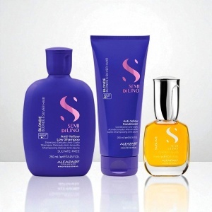 Pachet Alfaparf Semi di Lino Blonde pentru neutralizarea tonurilor de galben, Sampon 250 ml + Balsam 200ml + Ulei iluminator Cristalli Liquidi 15 ml