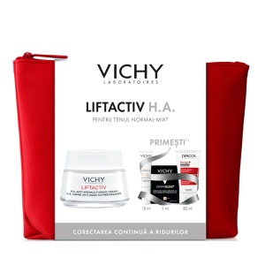 Pachet Crema antirid ten normal-mixt Liftactiv HA, 50 ml + Fluid cu SPF 50+ Capital Soleil, 15 ml + Fond de ten Dermablend, 25 Nude, 1 ml + Sampon Aminexil Dercos, 50 ml, Vichy