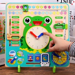 Panou Educativ Montessori din Lemn - Ceas, Calendar si Indicator Meteorologic pentru Cogniție si Invatare Timpurie