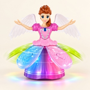 Papusa interactiva Angel Girl cu rotire, lumini si muzica, aripi si rochie multicolora, 18 luni+.