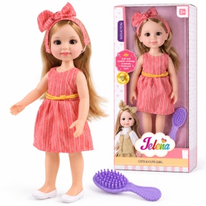 Papusa Jelena cu par lung, rochie in dungi si perie inclusa, 38 cm, Roz, 3 ani+