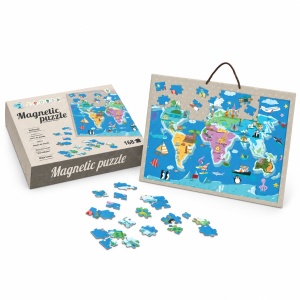 Puzzle magnetic educativ Harta Lumii, 168 piese, animale si obiective turistice, cu snur, 3+ ani - Img 2