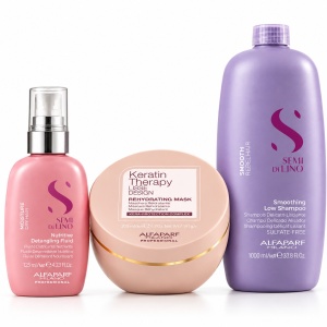 Set Alfaparf Milano, Șampon Smooth 1000 ml + Mască Keratin Therapy 200 ml + Fluid Moisture 125 ml