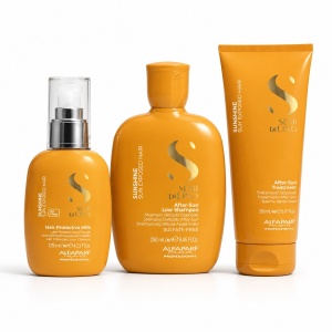 Set Alfaparf Semi di Lino Sunshine After-Sun – Sampon, 250 ml + Tratament, 200 ml + Leave-in protectie UV, 125 ml