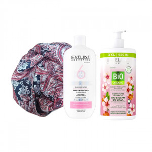 Set cadou Balsam de corp Eveline Cosmetics Bio Organic cu ulei de migdale, 650 ml + Emulsie de corp pentru piele normala si uscata 6 Ceramides, 350 ml + Esarfa