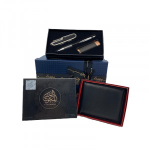 Set cadou barbati, Cutie eleganta cu parfum Lattafa Al Dur Al Maknoon Silver 100ml, portofel din piele naturala, set bricheta, pix si briceag