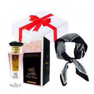 Set cadou Essence&Shawl: parfum Ard Al Zaafaran Rose Paris Night + esarfa satinata + cutie cadou cu funda 