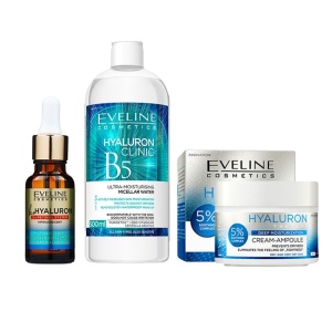 Set cadou Eveline Hyaluron Deep Moisture, Crema hidratanta pentru ten uscat si foarte uscat, 50 ml + Ser de fata hidratant bioHyaluron 3 x Retinol System, 18 ml + Apa micelara Hyaluron Clinic B5, 500 ml