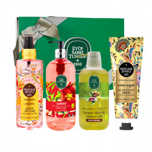 Set Cadou Eyup Sabri Tuncer, Cremă De Mâini Și De Corp Warm Sugar 50 ml + Săpun Lichid Ulei De Măsline Amber 500 ml + Gel De Duș Ulei De Măsline 600 ml + Spray de Corp Jewels Empress 250 ml