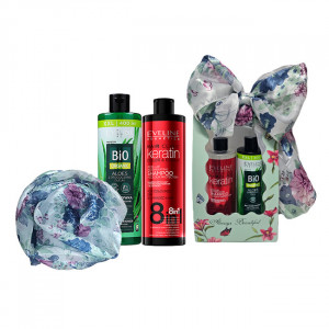 Set cadou Sampon Keratin Colour Protection 8 in 1 Eveline Cosmetics, 400ml + Balsam de par Bio Organic Anti Caderea Parului cu Aloe,, 400ml + Esarfa