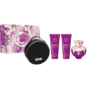 Set cadou Versace Dylan Purple, Femei, 100 ml Apa de Parfum, 100 ml Lotiune de Corp, 100 ml Gel de dus + Geanta cosmetice