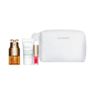Set Clarins Double Serum Eye Collection – Serum Contur Ochi + Cryo-Flash Cream Mask 15 ml + Lip Comfort Oil + Pouch 