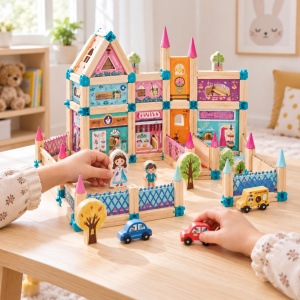 Set de constructie din lemn Oras modular, 248 piese, cu cladiri, figurine si masinute, 3 Ani+, multicolor - Img 3