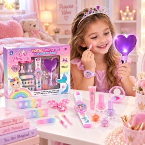 Set de machiaj de jucarie Little Princess pentru fete, cu oglinda luminoasa, ceas, palete si accesorii, 3+ ani - Img 2