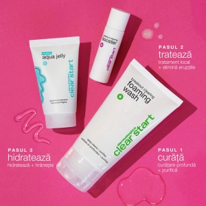 Set Dermalogica Clear Start Breakout Clearing Kit – Aqua Jelly 25 ml, Cleanser spuma de curatare 75 ml, Booster tratament local cu niacinamida 10 ml